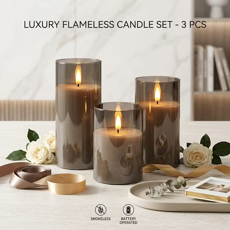 3pcs Flameless LED Candle Set - Flickering Candles with Remote Control, Timer Function, High-Transparency Plastic, Energy-Saving Electronic Night Lights - Ideal for Birthdays, Weddings, Christmas Decorations, Indoor Use - Gray